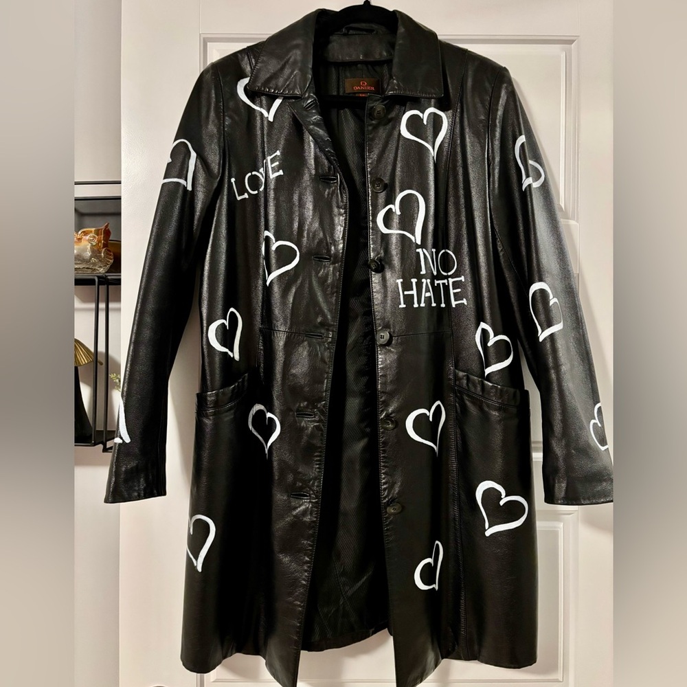 Danier Black Leather Jacket with White Heart Motifs - Picture 2 of 8